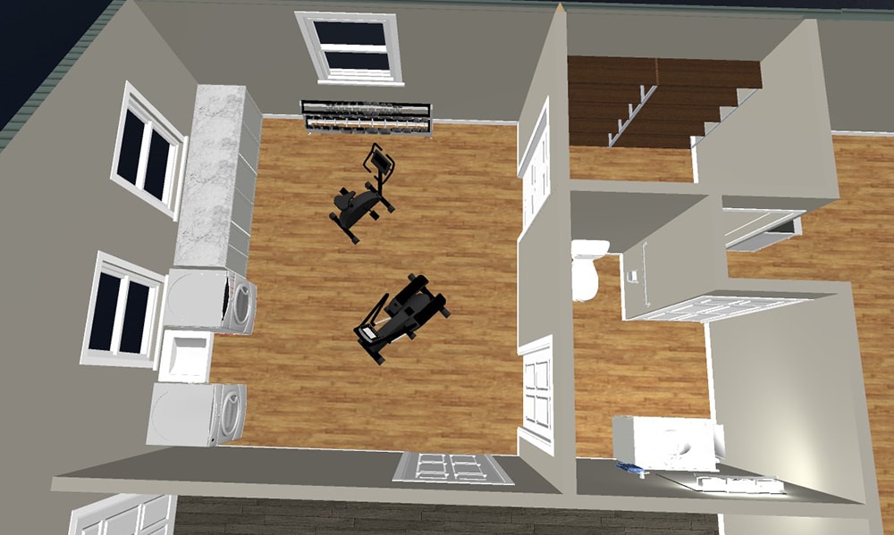 Siding, bathroom, garage & 1/2 bath — 3D rendering: interior floor plan showing fitness room, laundry, and 1/2 bath layout — Attica, Ohio