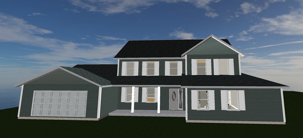 Siding, bathroom, garage & 1/2 bath — 3D rendering: approved exterior design with new gray siding and garage addition — Attica, Ohio