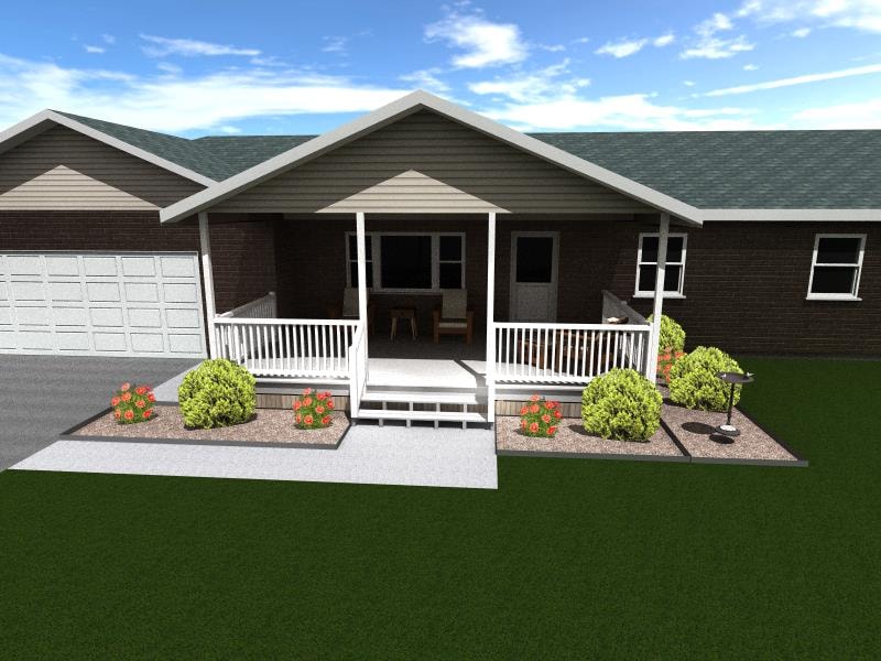 Composite deck with gable roof — 3D rendering showing proposed deck design with white railing and center stair placement — Bluffton, Ohio