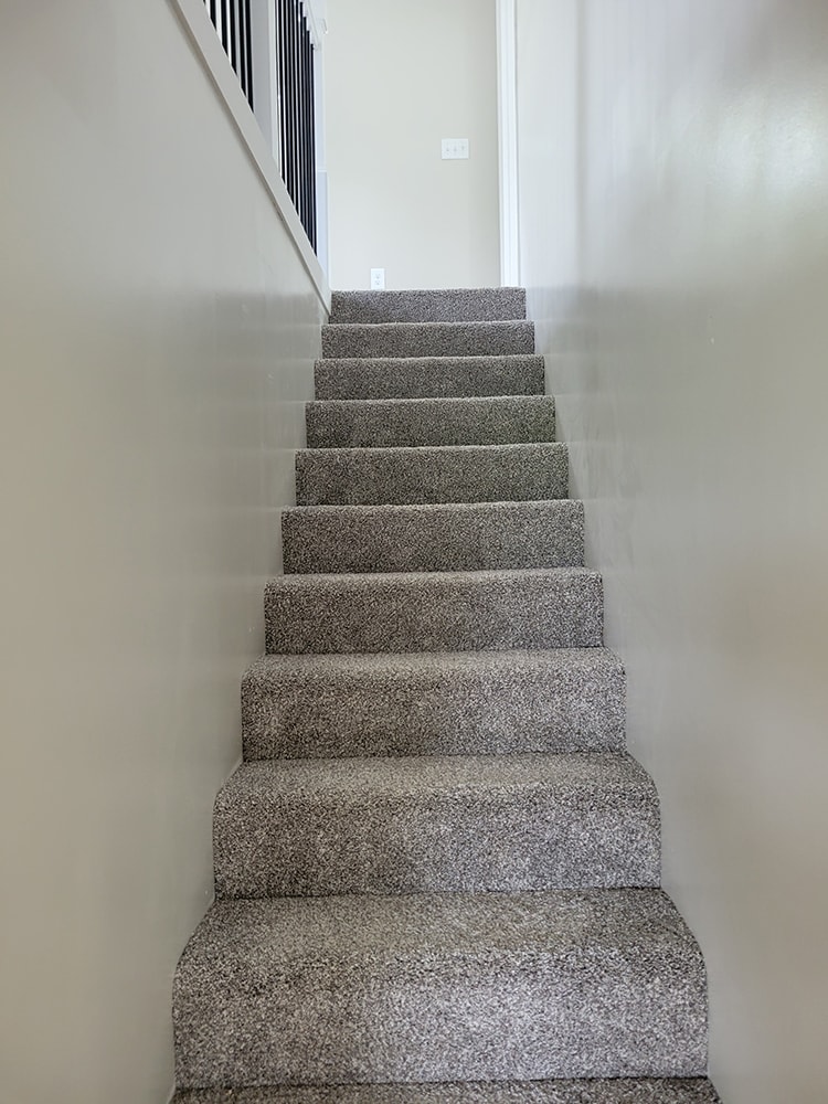 Entire house remodel — after: new carpeted staircase with white walls and black iron railing — Arlington, Ohio