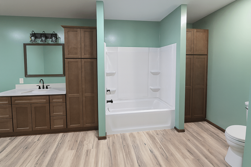 2 additions home remodel — completed bathroom with mint walls and wood cabinetry — Findlay, Ohio