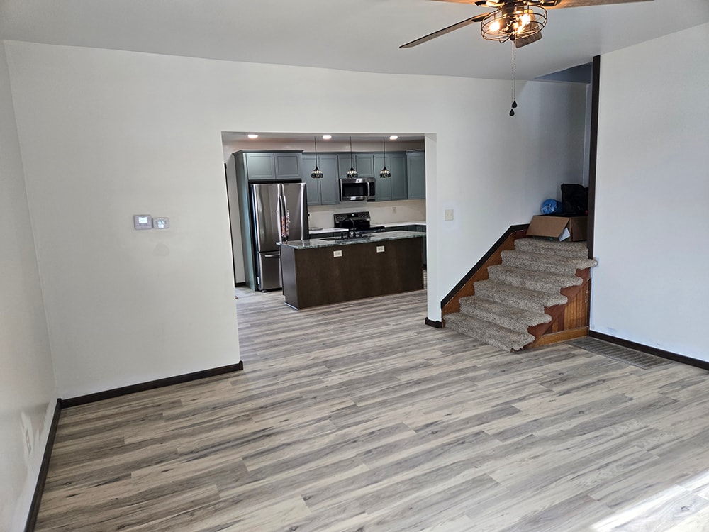 2 additions home remodel — after living room view into kitchen — Findlay, Ohio