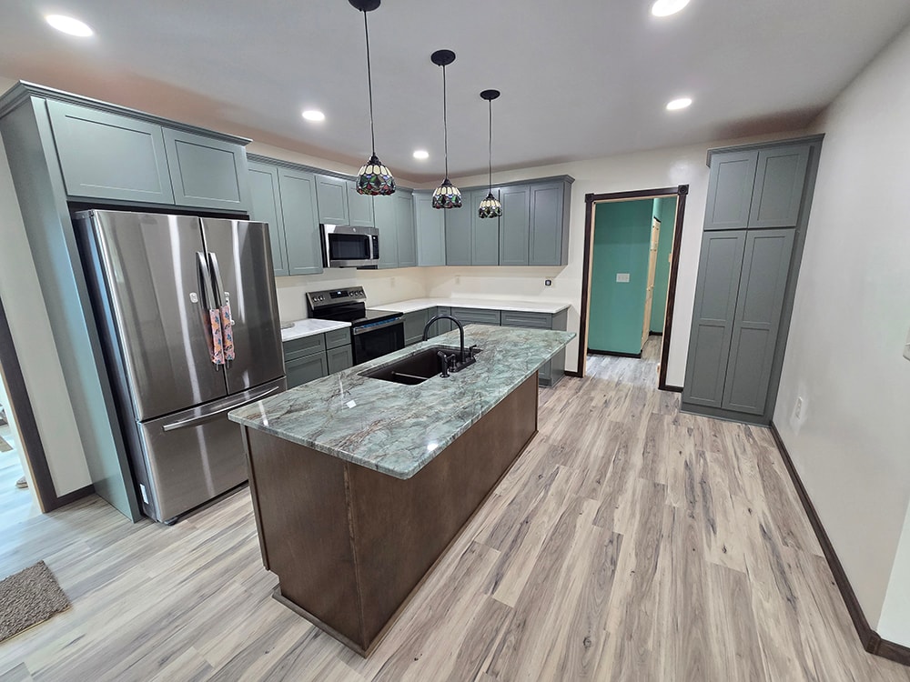 2 additions home remodel — completed kitchen alternate angle with island — Findlay, Ohio