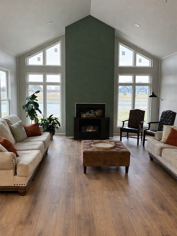 Large home addition interior — finished family room with vaulted ceiling and fireplace — Findlay, Ohio