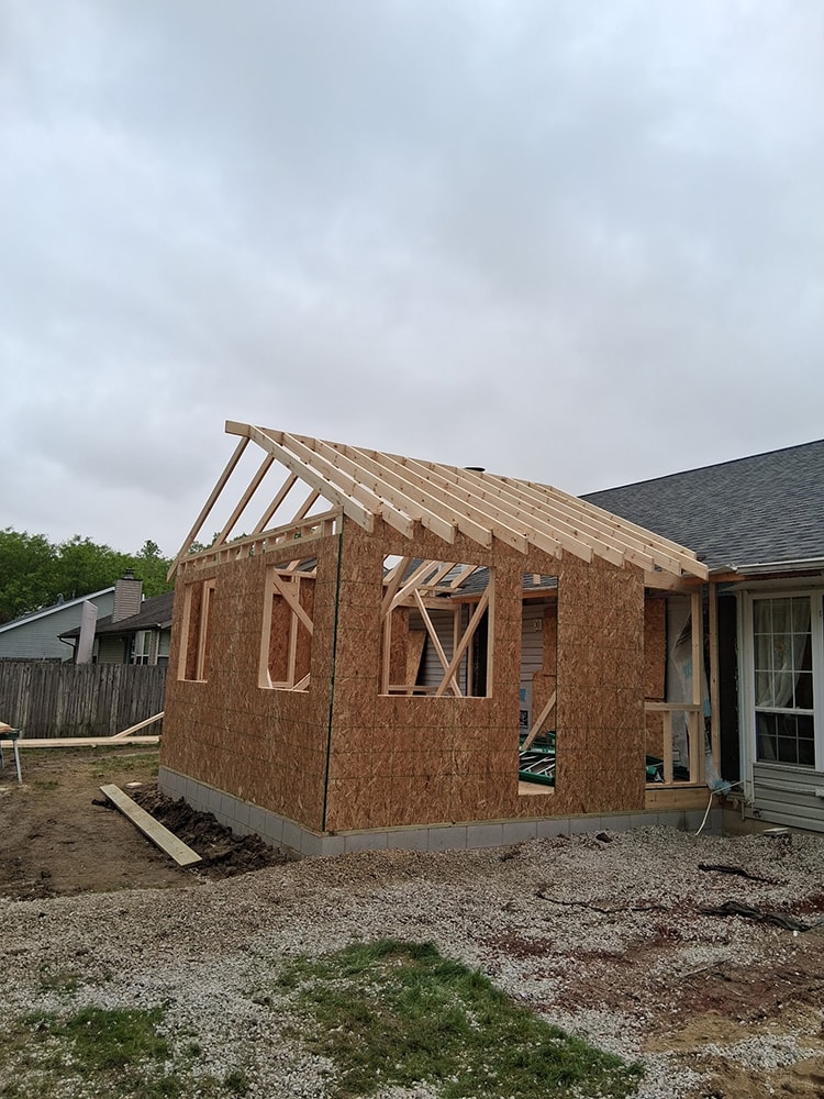 Small home addition — framing stage side view — Findlay, Ohio